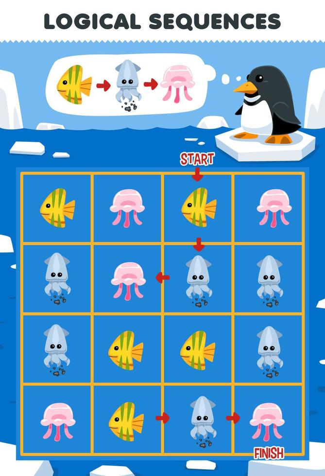 onderwijs spel voor kinderen logisch volgorde helpen pinguïn soort vis inktvis en kwal van begin naar af hebben afdrukbare onderwater- werkblad vector