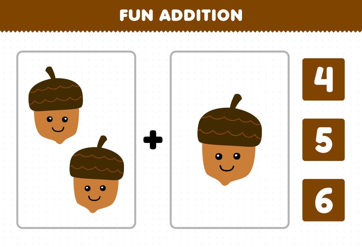 onderwijs spel voor kinderen pret toevoeging door tellen en Kiezen de correct antwoord van schattig tekenfilm eikel- afdrukbare natuur werkblad vector
