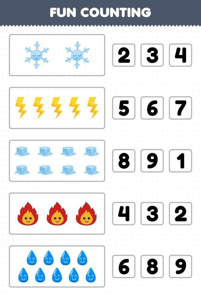 onderwijs spel voor kinderen pret tellen en kiezen de correct aantal van schattig tekenfilm sneeuwvlok donder ijs brand water afdrukbare natuur werkblad vector