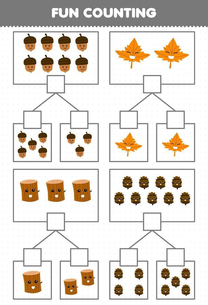 onderwijs spel voor kinderen pret tellen afbeelding in elk doos van schattig tekenfilm eikel- esdoorn- blad hout log dennenappel afdrukbare natuur werkblad vector