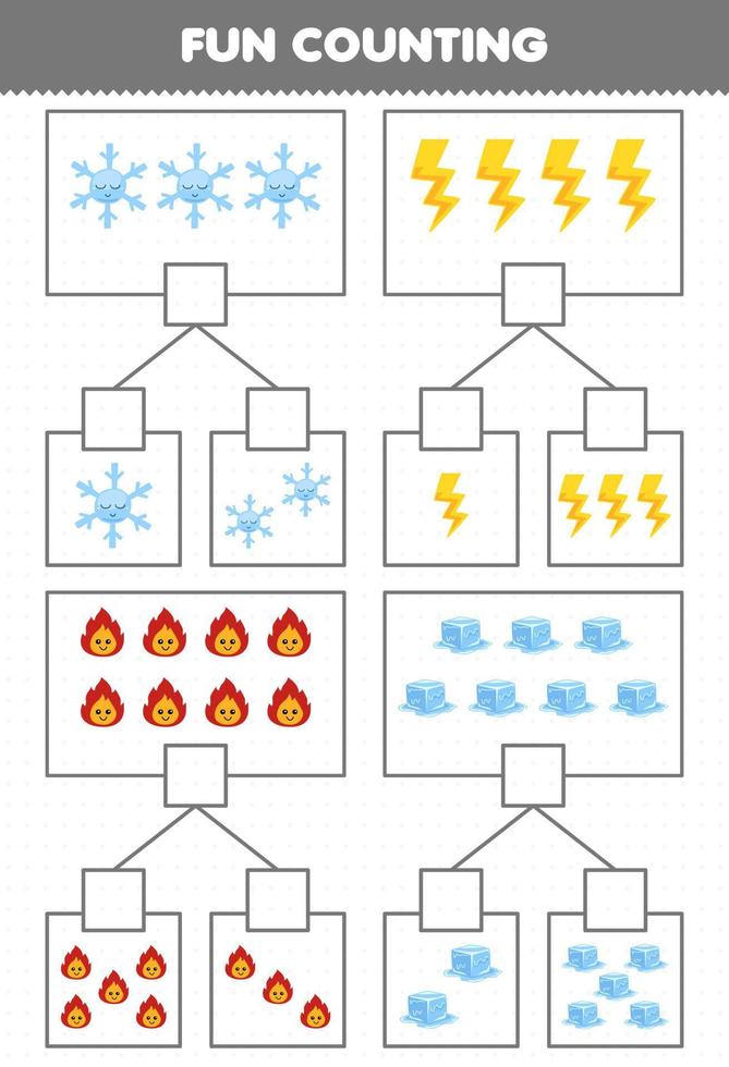 onderwijs spel voor kinderen pret tellen afbeelding in elk doos van schattig tekenfilm sneeuwvlok donder brand ijs afdrukbare natuur werkblad vector