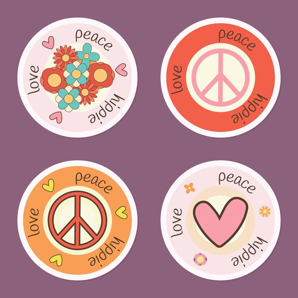 reeks pictogrammen, stickers in hippie stijl met vrede teken, tekst vrede, liefde, hippie, bloemen en harten. retro stijl vector