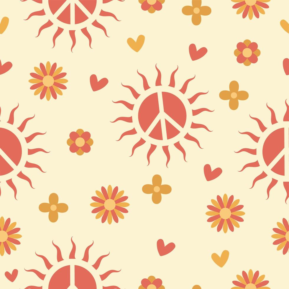 naadloos patroon in hippie stijl met oranje zonnig vrede teken en bloemen en harten Aan beige achtergrond. retro stijl vector