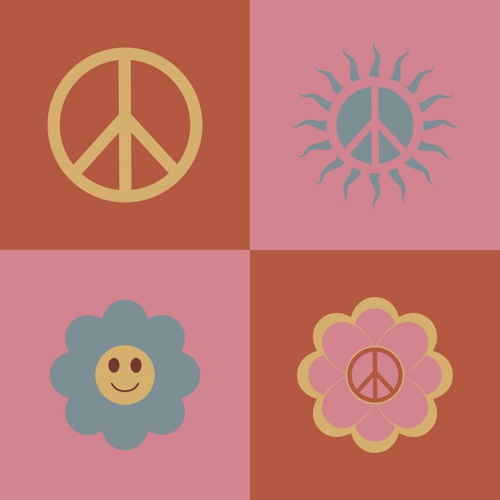 reeks pictogrammen, stickers in hippie stijl met vrede teken en bloemen in hippie stijl Aan roze pleinen Aan achtergrond vector