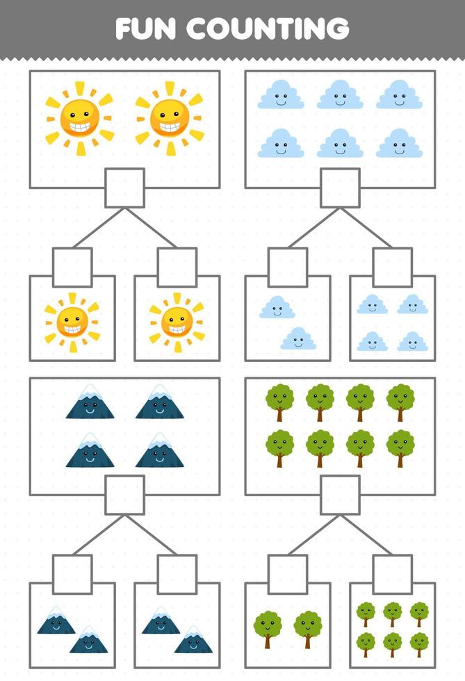 onderwijs spel voor kinderen pret tellen afbeelding in elk doos van schattig tekenfilm zon wolk berg boom afdrukbare natuur werkblad vector