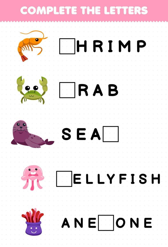onderwijs spel voor kinderen compleet de brieven van schattig tekenfilm garnaal krab zegel kwal anemoon afdrukbare onderwater- werkblad vector