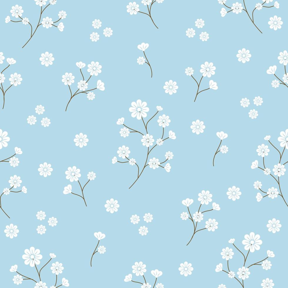 naadloos patroon met wit bloemen is klein elegant bloemen en stengels Aan blauw achtergrond. botanisch hand- tekening patroon. structuur voor kleding stof, geschenk inpakken, behang. illustratie vector 10 eps.