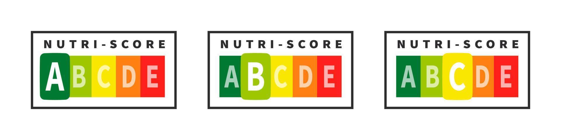 Gezondheid zorg voeding indicator. nutri-score pictogrammen. nutri-score stickers. vector illustratie