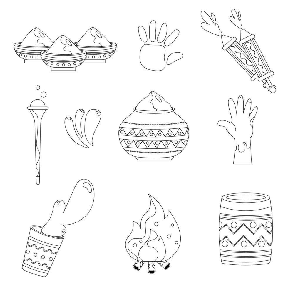 reeks van elementen schets voor de holi festival. hand- in verf, verf, poeder, brand vector