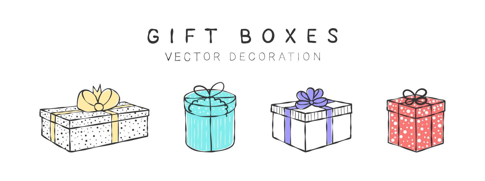 hand- getrokken geschenk dozen met verschillend texturen. tekeningen decor elementen. vector illustratie