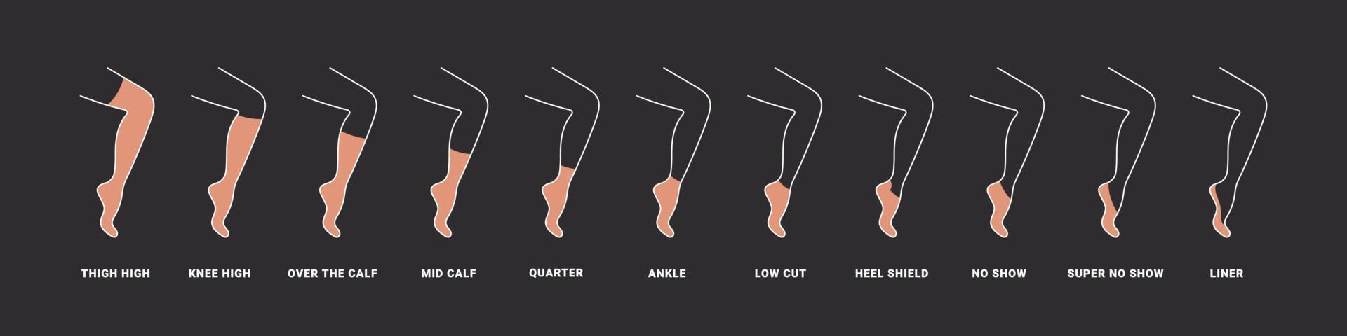 types van sokken. reeks met divers vormen van sokken Aan zwart achtergrond. kledingstuk pictogrammen. vector illustratie