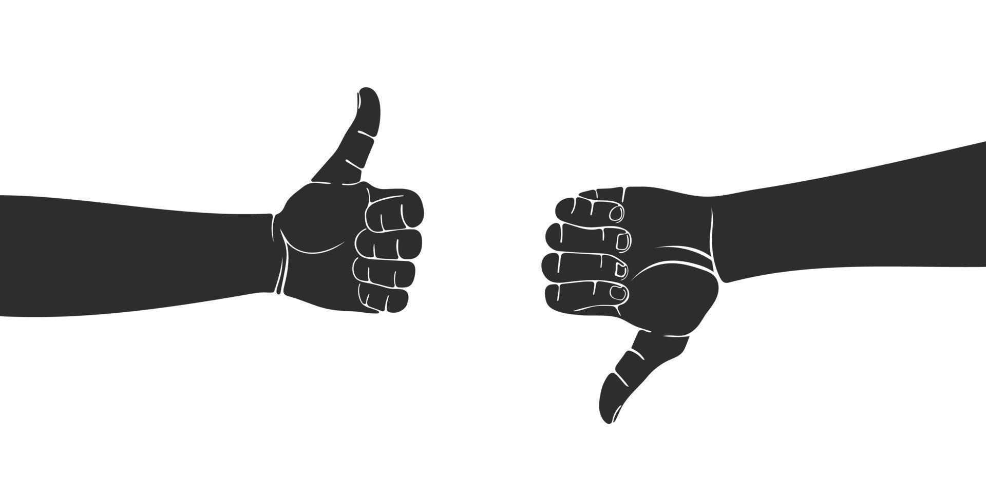 silhouetten van handen. vinger teken omhoog vinger omlaag. getrokken handen, samenwerking, stemmen. vector illustratie