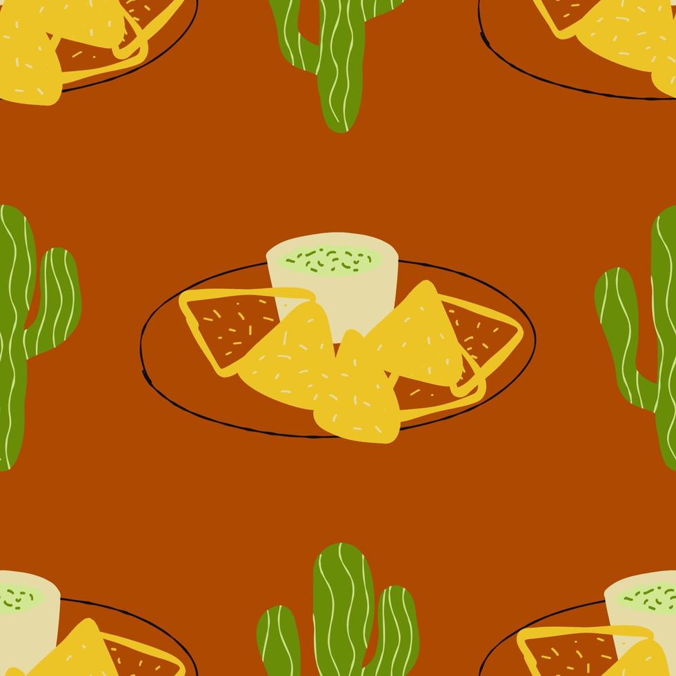 naadloos patroon met traditioneel Mexicaans voedsel nacho's met guacamole illustratie met cactus vector