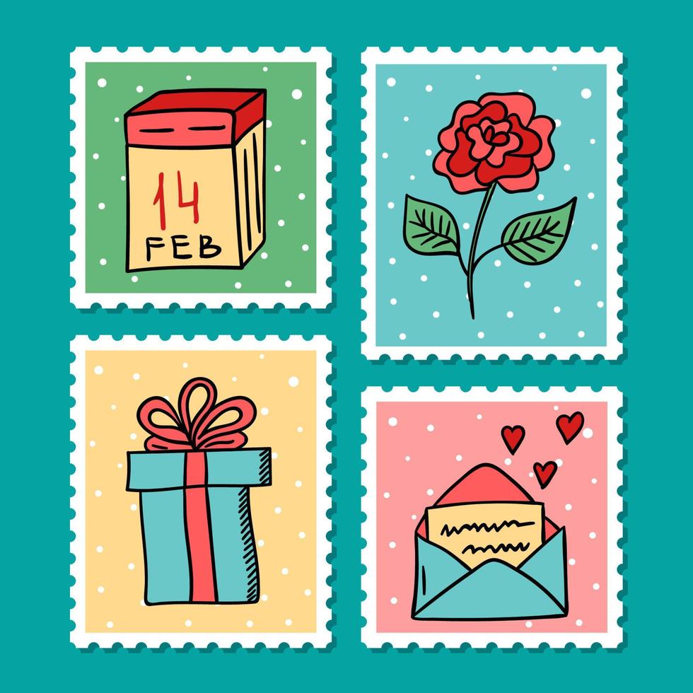 vector tekening postzegels voor Valentijnsdag dag. geïsoleerd hand- getrokken post postzegels met harten, geschenk doos, kalender en roos bloem