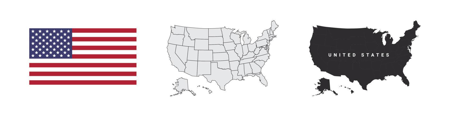 Verenigde Staten van Amerika etiketten. Verenigde Staten van Amerika staten kaart. kaart en vlag van Amerika. vector illustratie