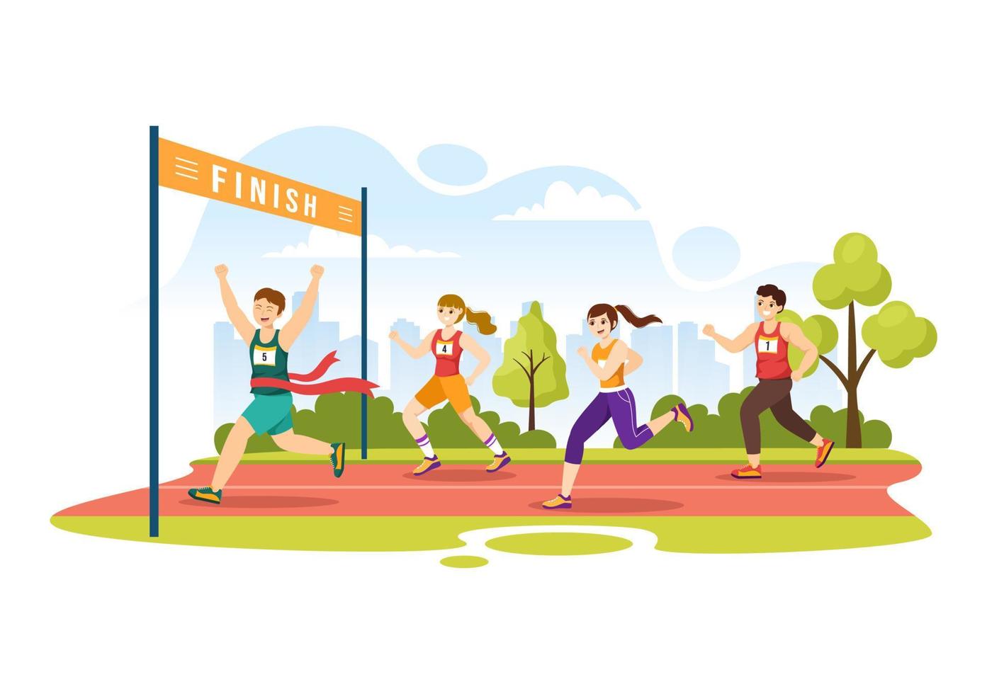 marathon ras illustratie met mensen rennen, jogging sport toernooi en rennen naar bereiken de af hebben lijn in vlak tekenfilm hand- getrokken sjabloon vector