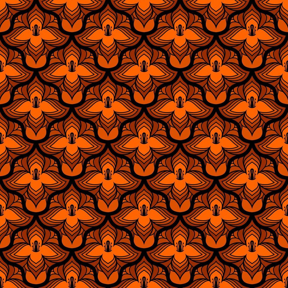 zwart naadloos vector kunst nouveau achtergrond met oranje bloemen