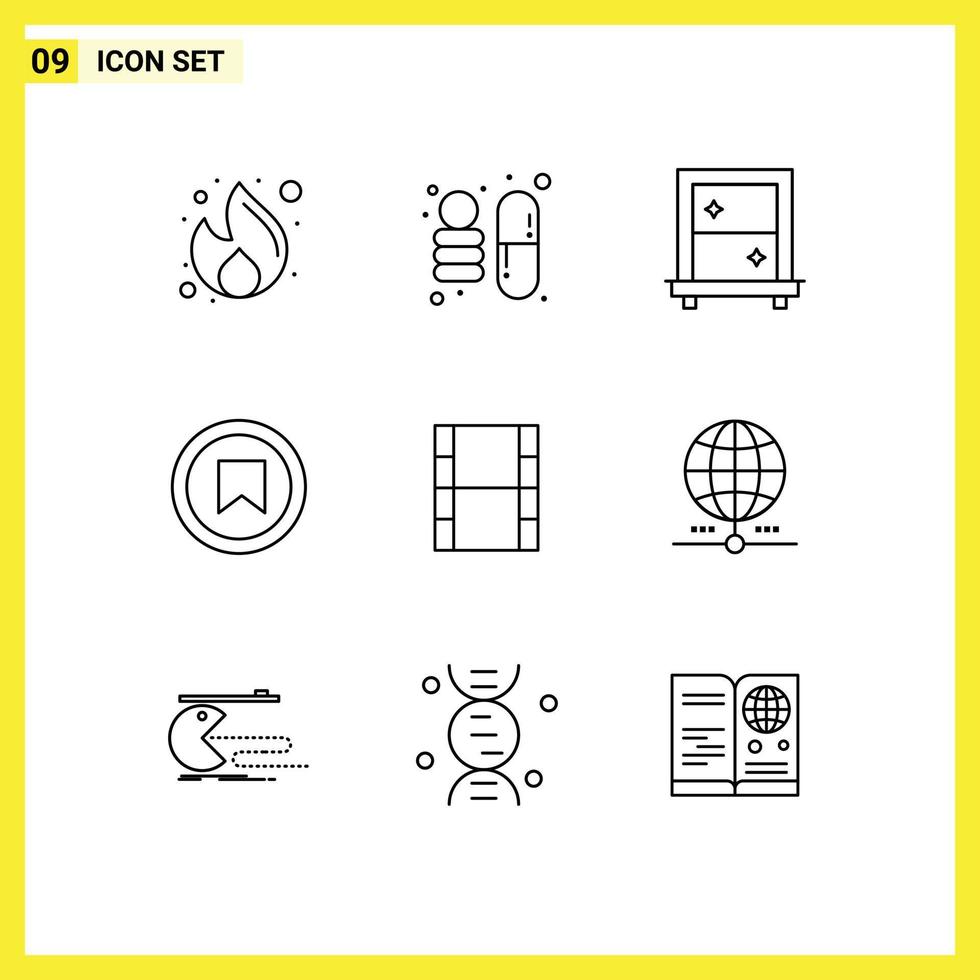 modern reeks van 9 contouren pictogram van film video venster gebruiker plus bewerkbare vector ontwerp elementen