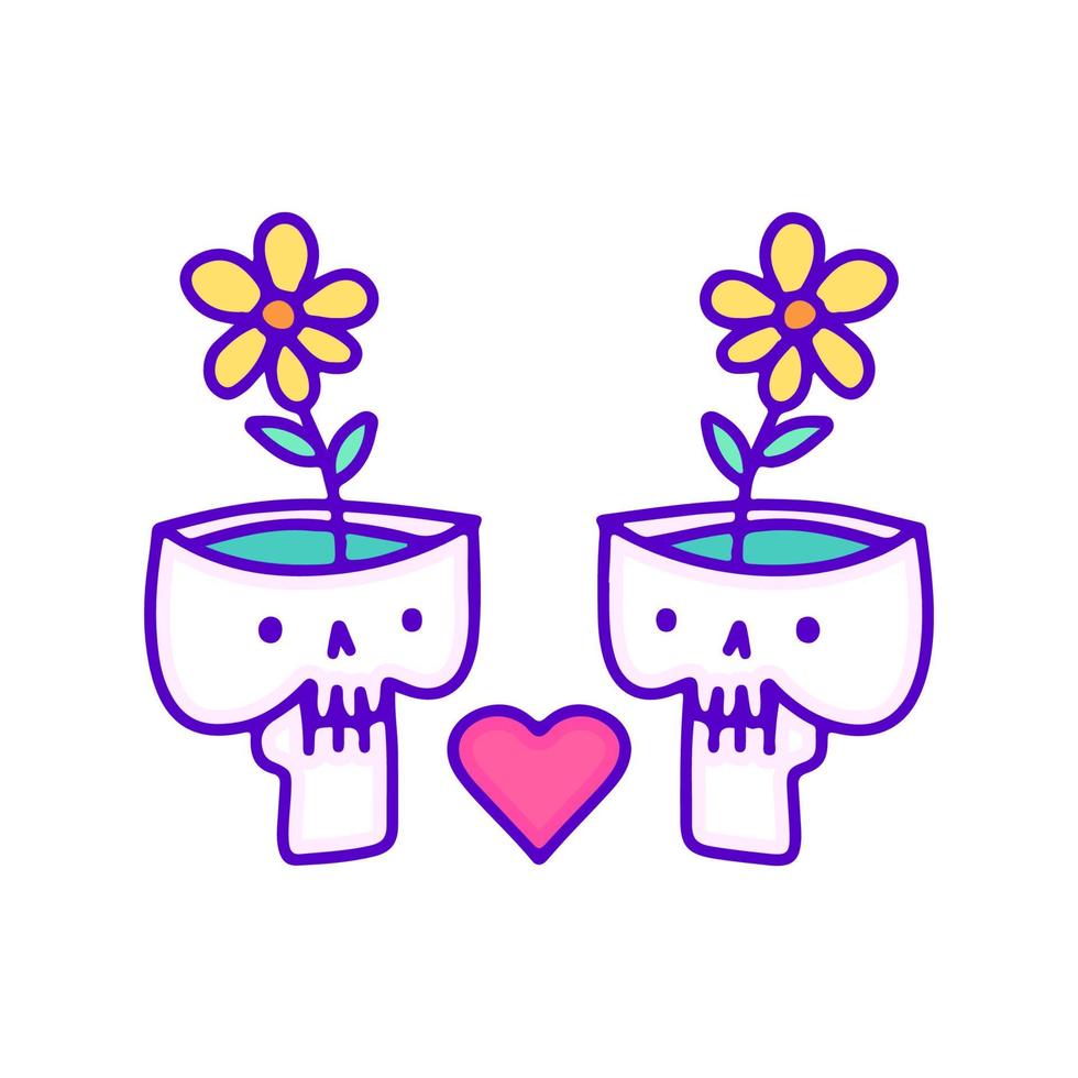 schattig schedel pot met zonnebloemen tekenfilm, illustratie voor t-shirt, sticker, of kleding handelswaar. met modern knal en retro stijl. vector