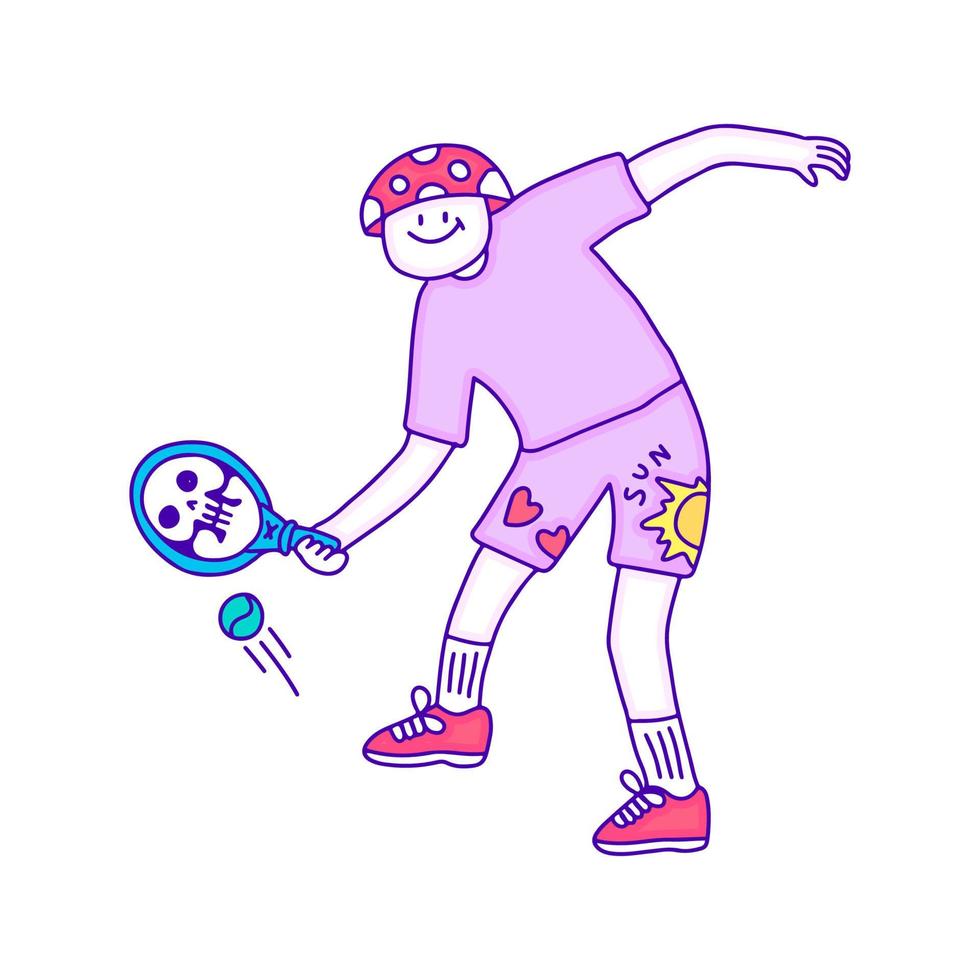 grappig paddestoel karakter spelen padel sport tekening kunst, illustratie voor t-shirt, sticker, of kleding handelswaar. met modern knal stijl. vector