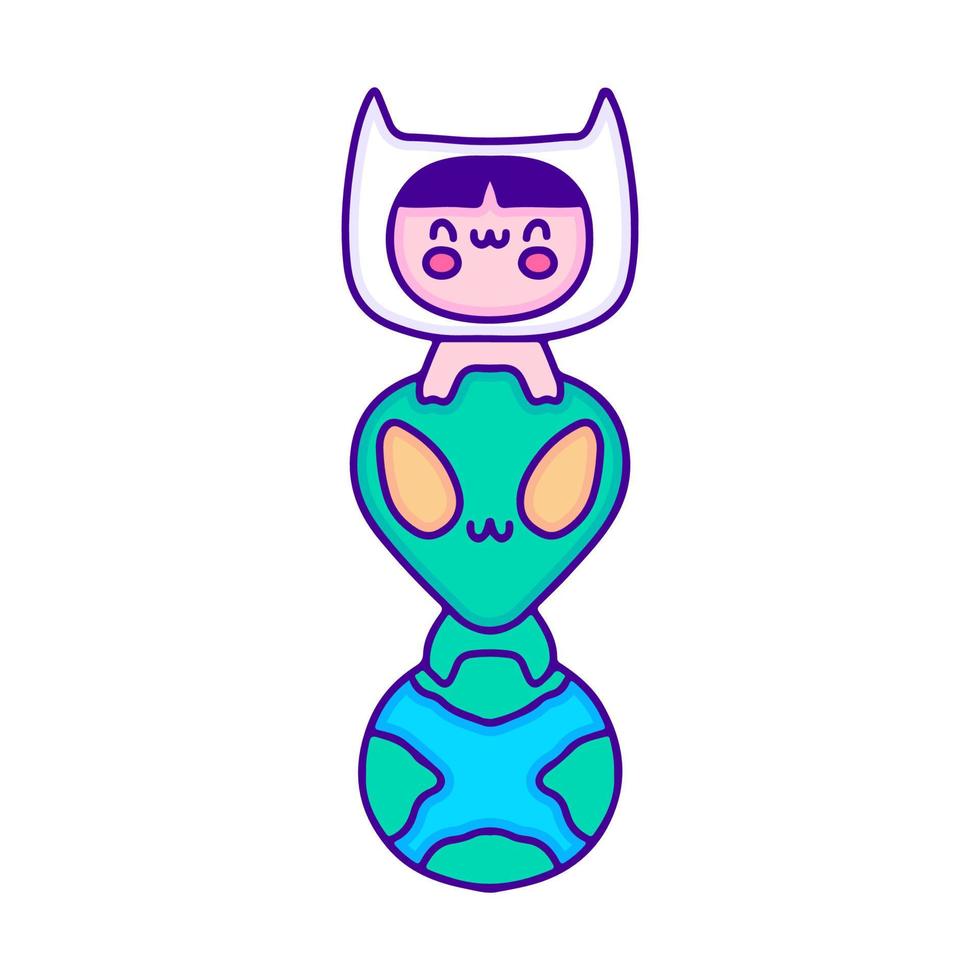 schattig baby in kat kostuum met buitenaards wezen en aarde planeet tekening kunst, illustratie voor t-shirt, sticker, of kleding handelswaar. met modern knal en kawaii stijl. vector