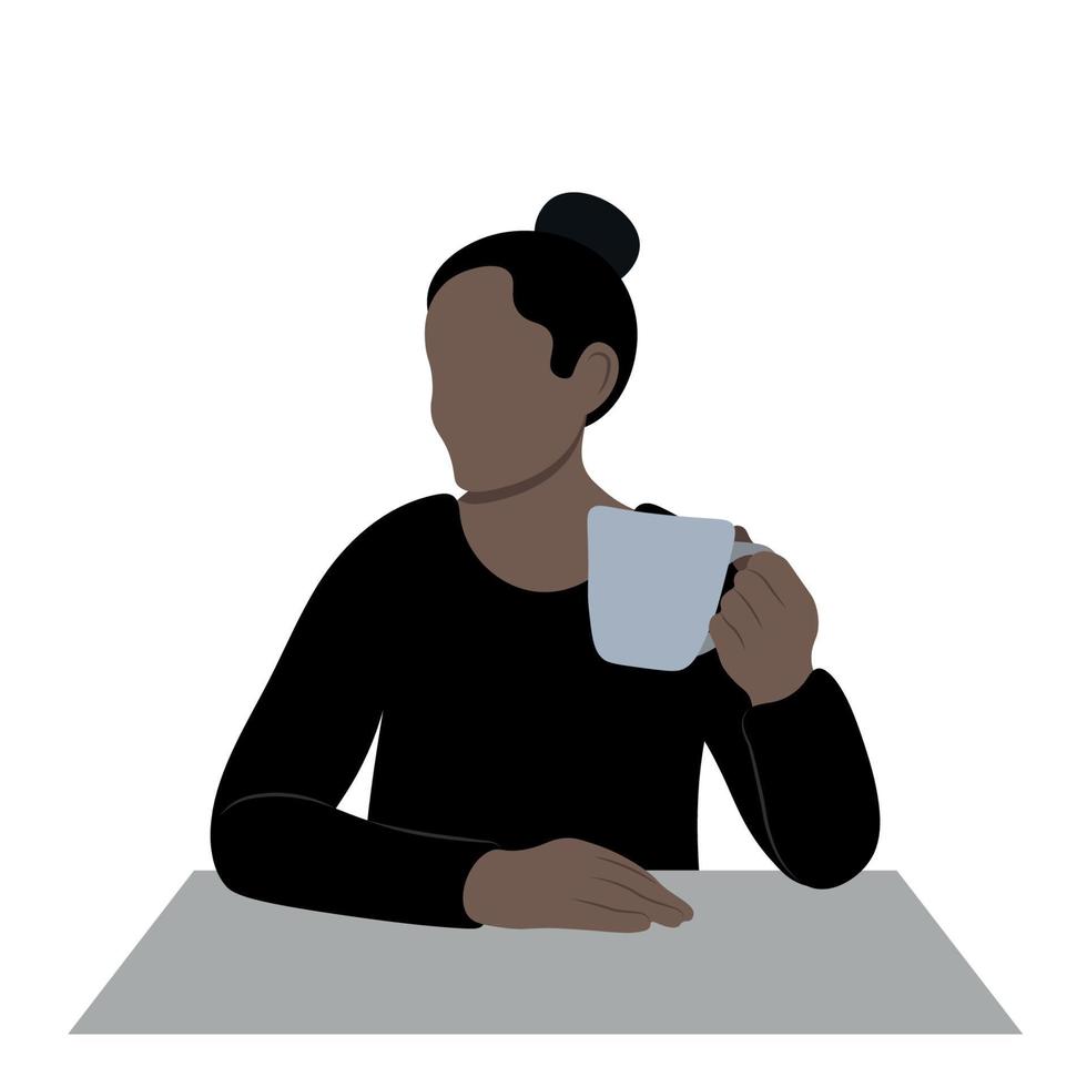 portret van een zwart meisje in profiel met een kop in haar hand- Bij de tafel, vlak vector, isoleren Aan wit, gezichtsloos illustratie vector