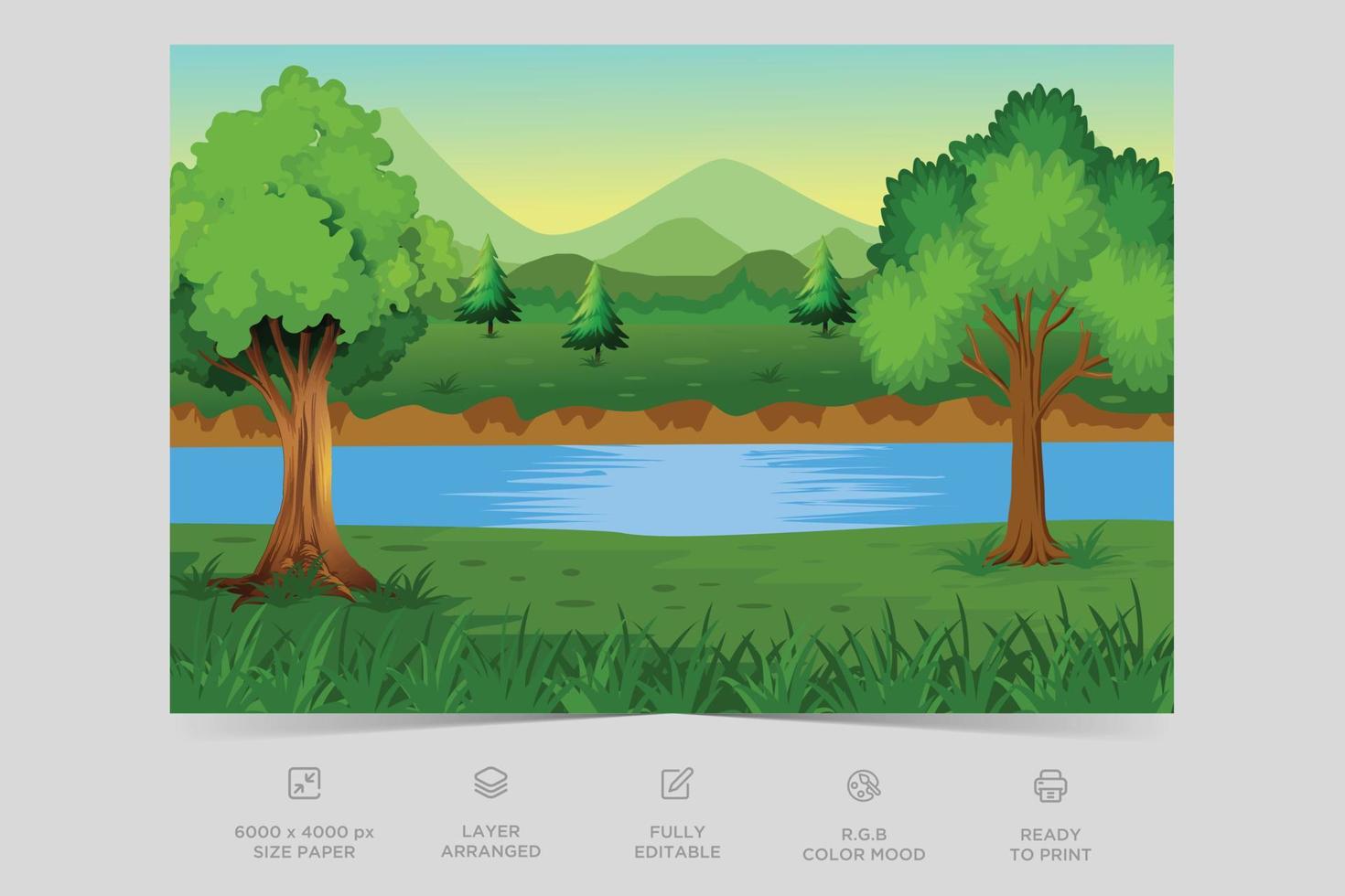 horizon natuur tafereel platteland met Woud meer kant visie. berg groen vallei tafereel. zomer seizoen toneel- visie. dorp Aan rivier, berg zomer natuur landschap vector illustratie.