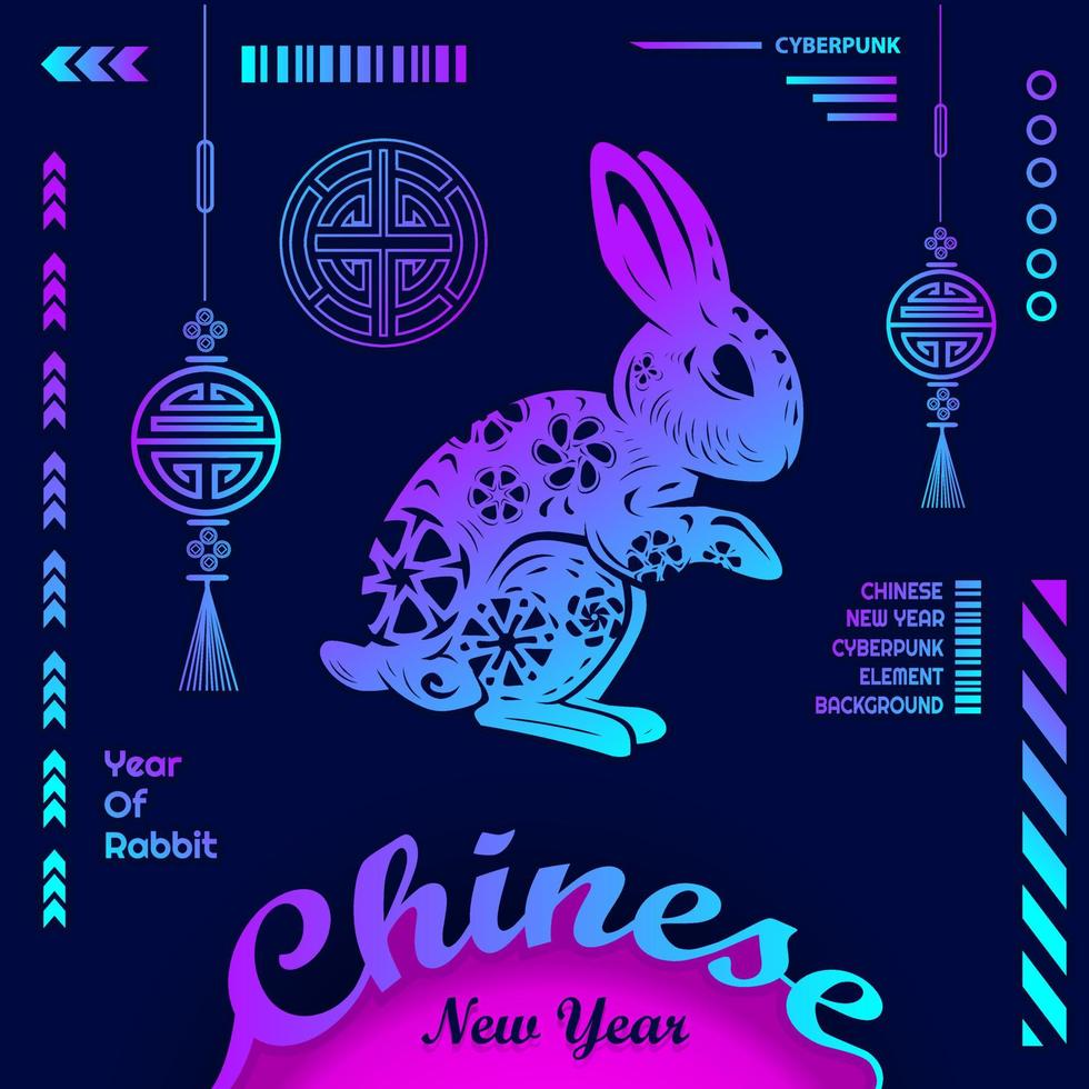 gelukkig Chinese nieuw jaar 2023 jaar van de konijn dierenriem cyberpunk ontwerp met donker achtergrond. abstract technologie vector vakantie illustratie.