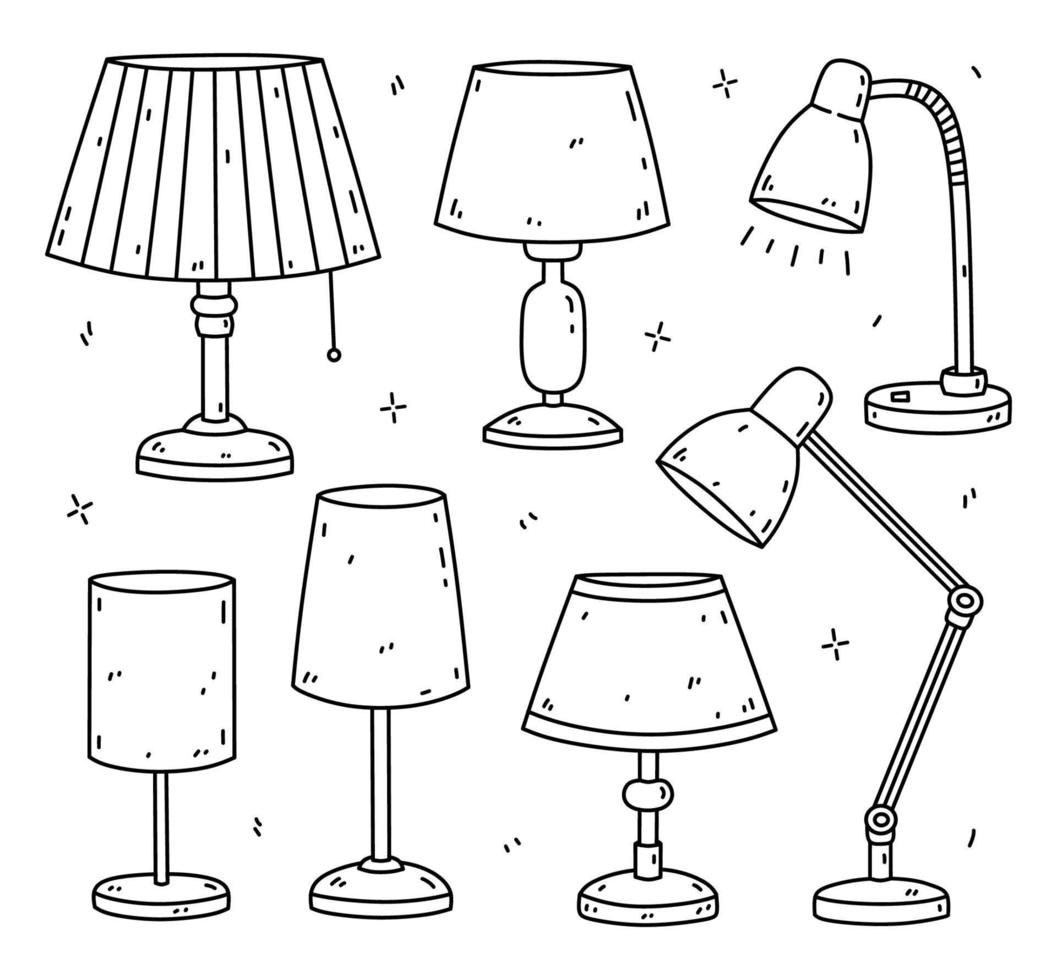 reeks van tafel lampen geïsoleerd Aan wit achtergrond. interieur items voor slaapkamer, leven kamer, kantoor. vector hand getekend tekening illustratie. perfect voor decoraties, logo, divers ontwerpen.