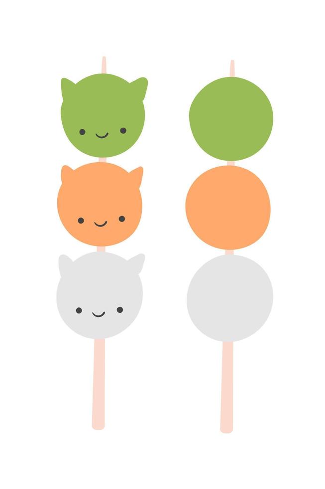 traditioneel dango Japans toetje in het formulier van kat geïsoleerd Aan wit. Hanami dango toetje met 3 kleuren vector