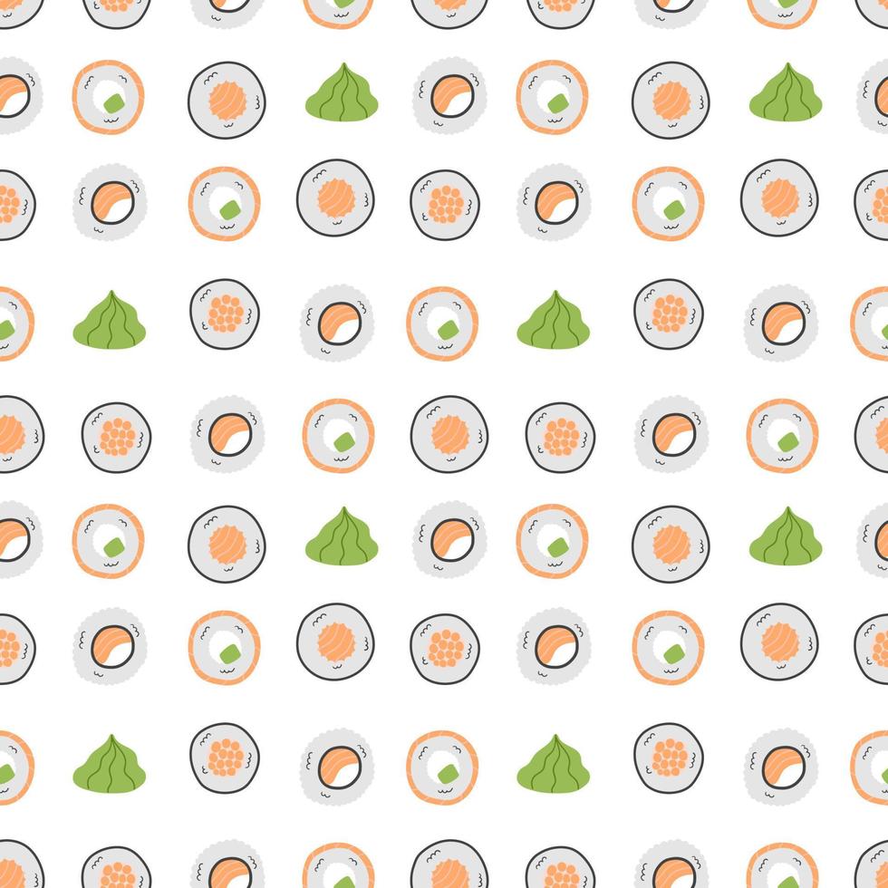 naadloos patroon van traditioneel Japans sushi en broodjes, wasabi geïsoleerd Aan wit achtergrond. vector