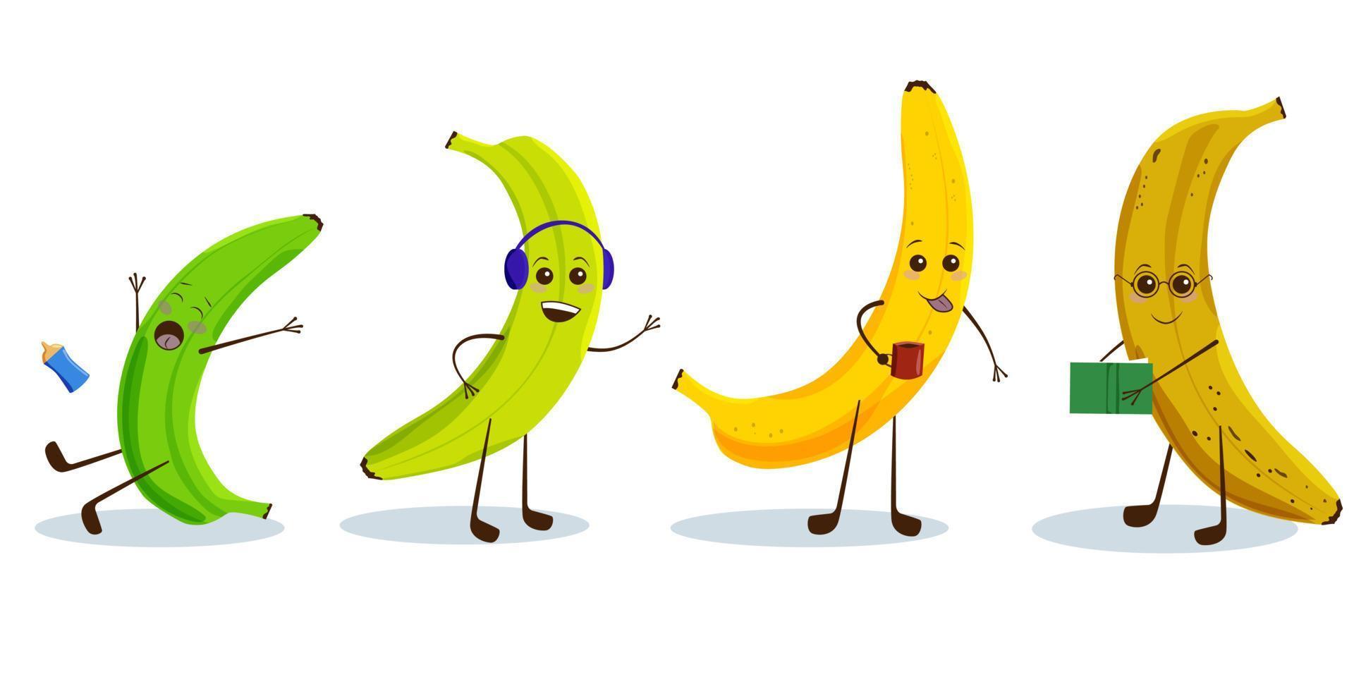 schattig kawaii banaan reeks karakter met grappig gezicht in verschillend leeftijden. schattig en grappig grappig stijl. vector vlak tekenfilm karakter illustratie. geïsoleerd icoon ontwerp Aan wit achtergrond.