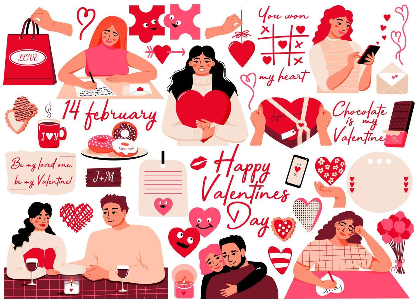 Valentijnsdag dag set. paar daten. vrouw schrijven liefde brieven. verschillend harten, handen met geschenk dozen, papier stickers en tekst. perfect voor poster of banier, groet kaart vector