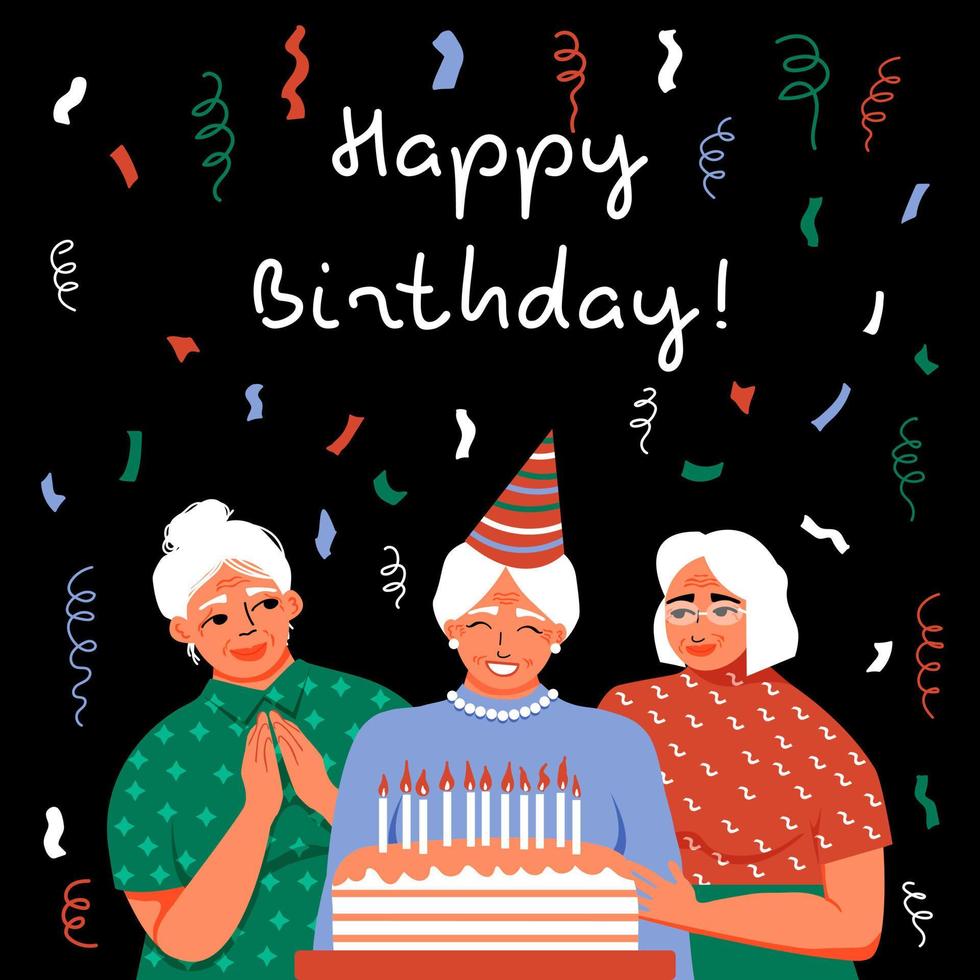 gelukkig verjaardag. ouderen Dames met een verjaardag taart en vieren. vrienden feest. confetti is vliegend in de lucht. groet kaart. vector illustratie