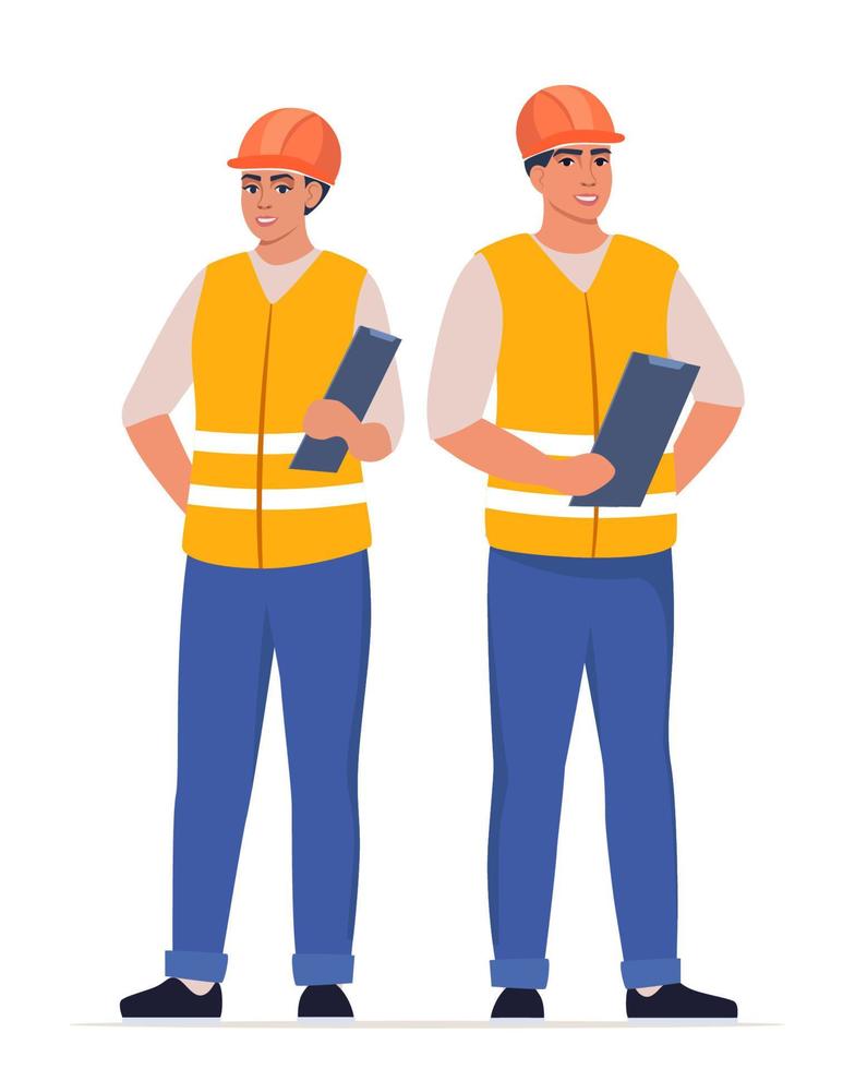 Mens en vrouw ingenieur. bouw arbeiders in uniform en oranje beschermend helm, Holding klembord met controlelijst. hoofd van bouw werken. vector illustratie.