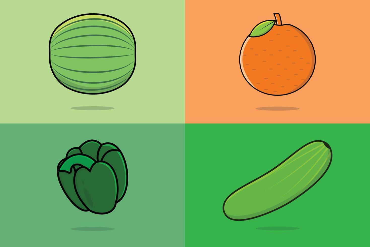verzameling van fruit en groenten vector illustratie. voedsel en drinken voorwerpen icoon concept. oranje, water meloen, groen komkommer en groen klok peper vector ontwerp. biologisch fruit en groente icoon.