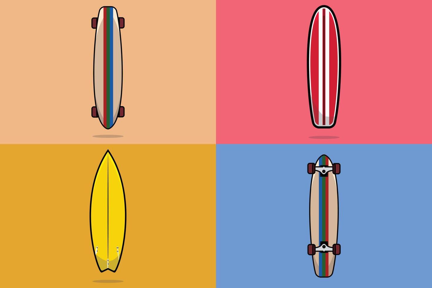 reeks van surfing bord en skateboard vector illustratie. zomer strand en sport voorwerp icoon concept. voorkant en terug visie van surfing bord en skateboard vector ontwerp. zee en weg op reis elementen.