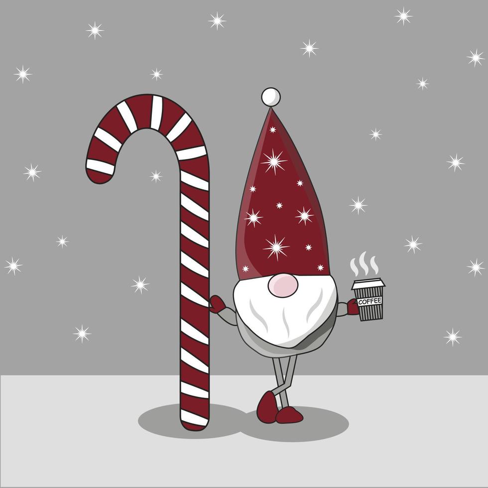 nieuw jaar. kerstmis. de kerstman claus elf staat leunend Aan een nieuw jaar lolly of snoep en houdt heet koffie in zijn hand- vector