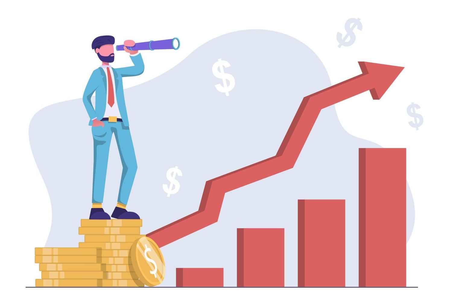 financieel perspectief. zakenman looks door de kijker Bij de groei tabel vector