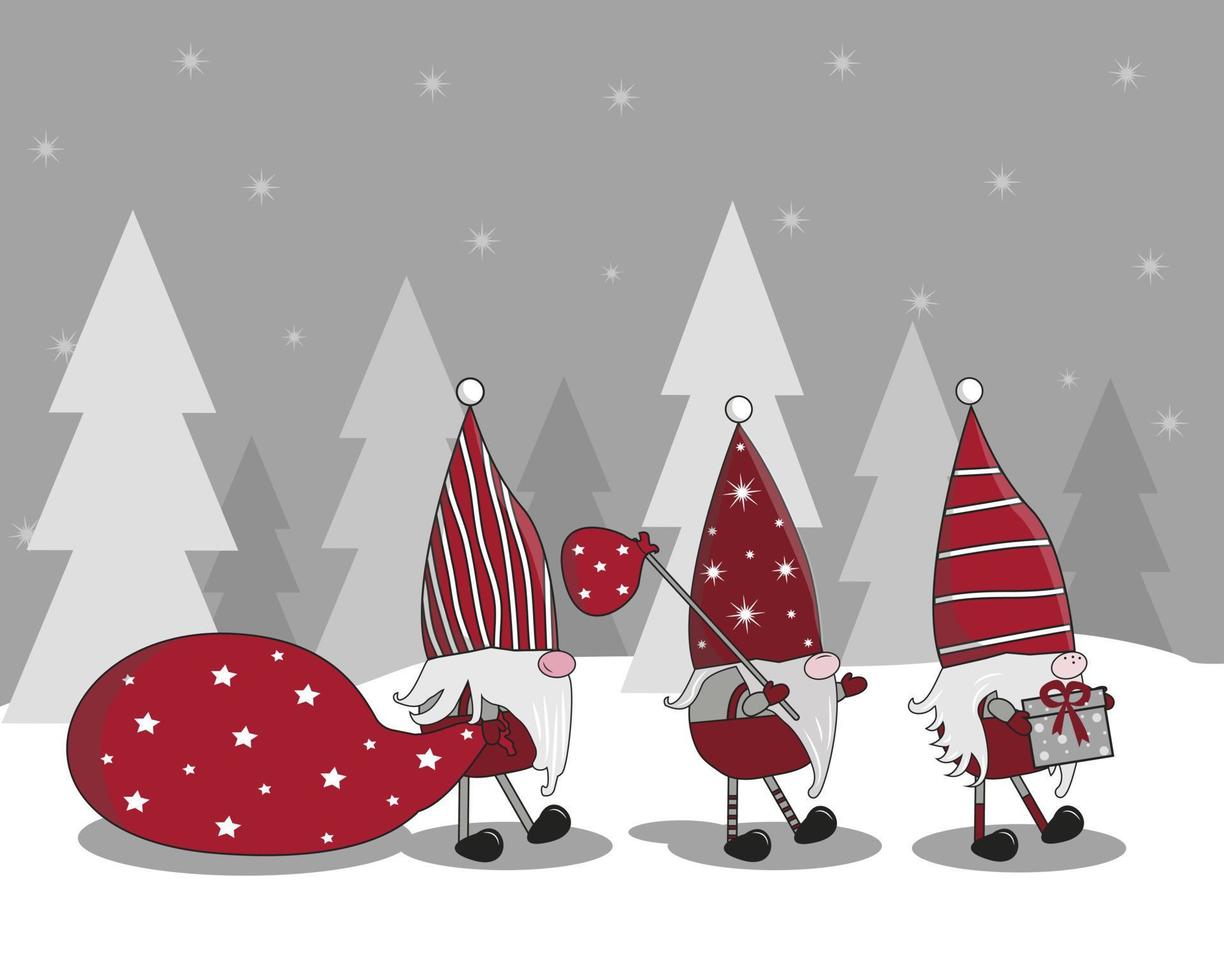 nieuw jaar. kerstmis. drie elfen dragen een nieuw jaar geschenk, een bundel en een groot zak met nieuw jaar cadeaus vector