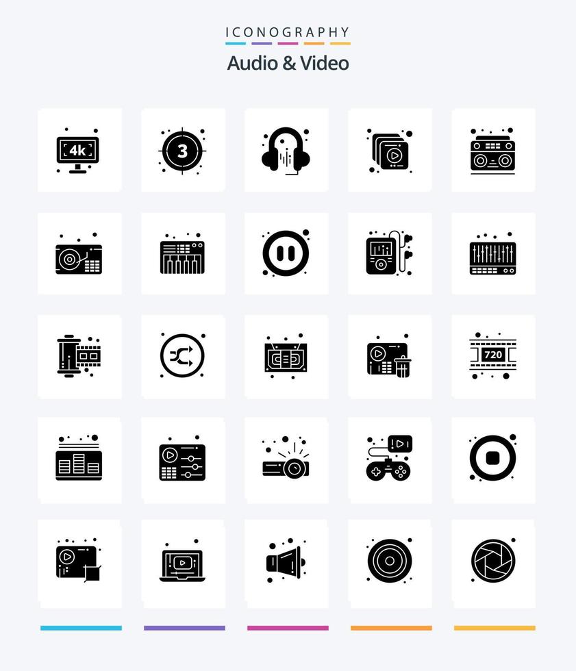 creatief audio en video 25 glyph solide zwart icoon pak zo net zo geluid. geluid. video. video. verzameling vector