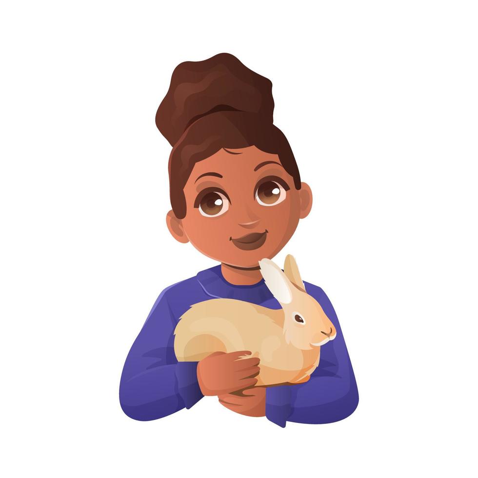 meisje houdt een konijn in haar handen en knuffels hem vector