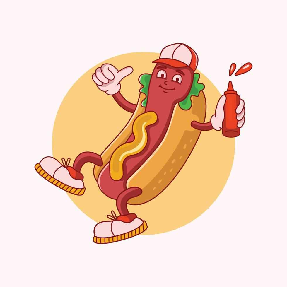 tekenfilm hotdog in een pet met een fles van ketchup, karakter ontwerp. vector