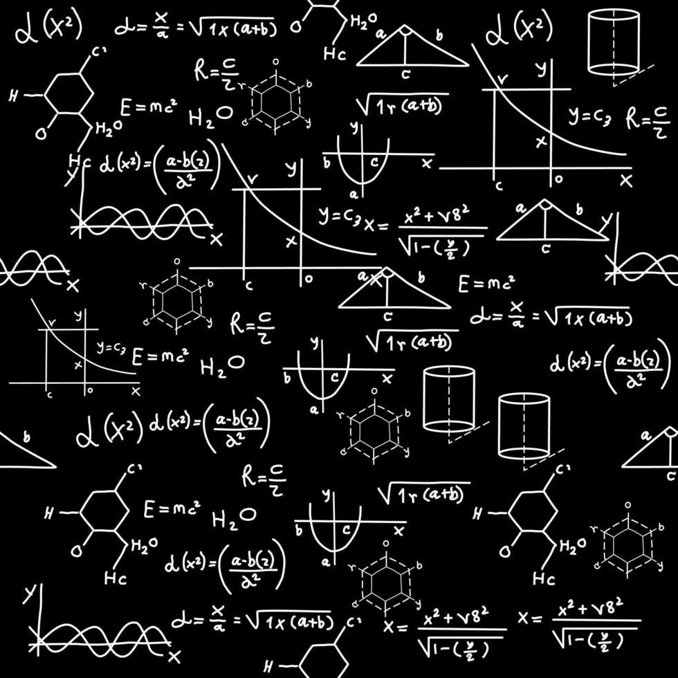 moleculair fysiek vergelijkingen en formules Aan school- bord vector hand- getrokken illustratie. wetenschap en onderwijs achtergrond. wiskunde naadloos patroon. tegel voor eindeloos achtergrond