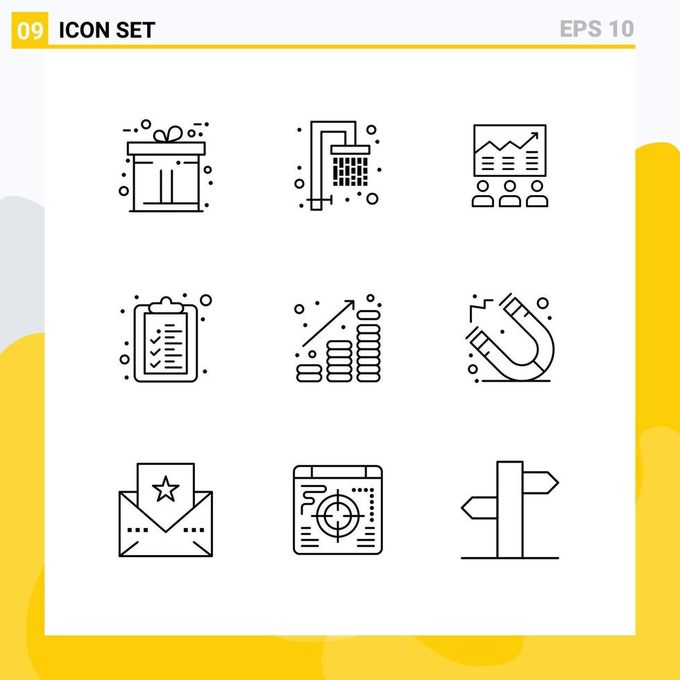 reeks van 9 modern ui pictogrammen symbolen tekens voor valuta lijst bedrijf klembord succes bewerkbare vector ontwerp elementen