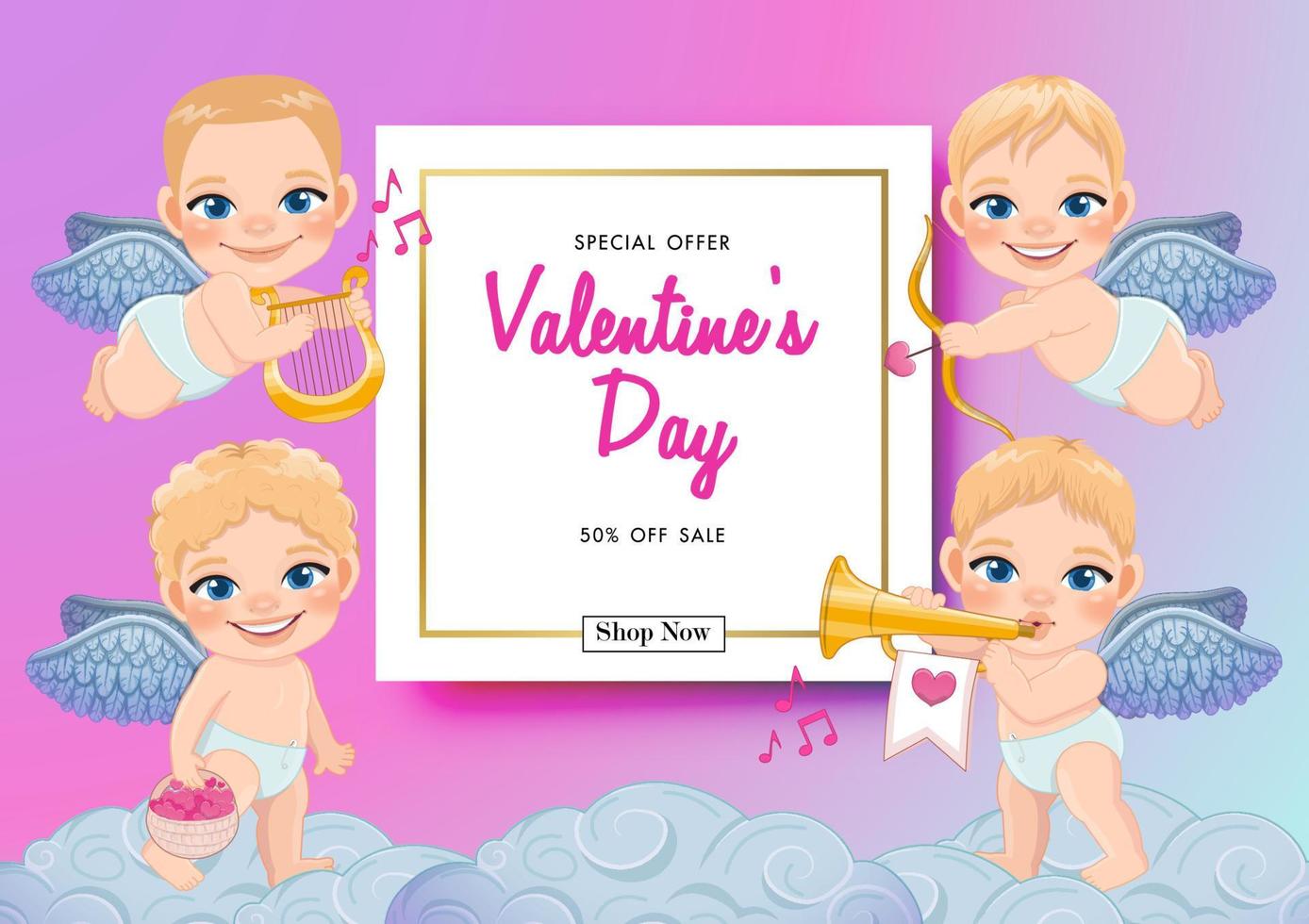 Valentijn dag uitverkoop Aan pastel achtergrond met schattig cupido's verschillend werkzaamheid vector