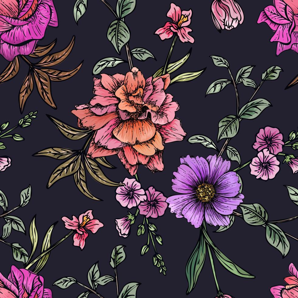 hand- getrokken elegant kleurrijk naadloos patroon met botanisch bloemen ontwerp illustratie vector
