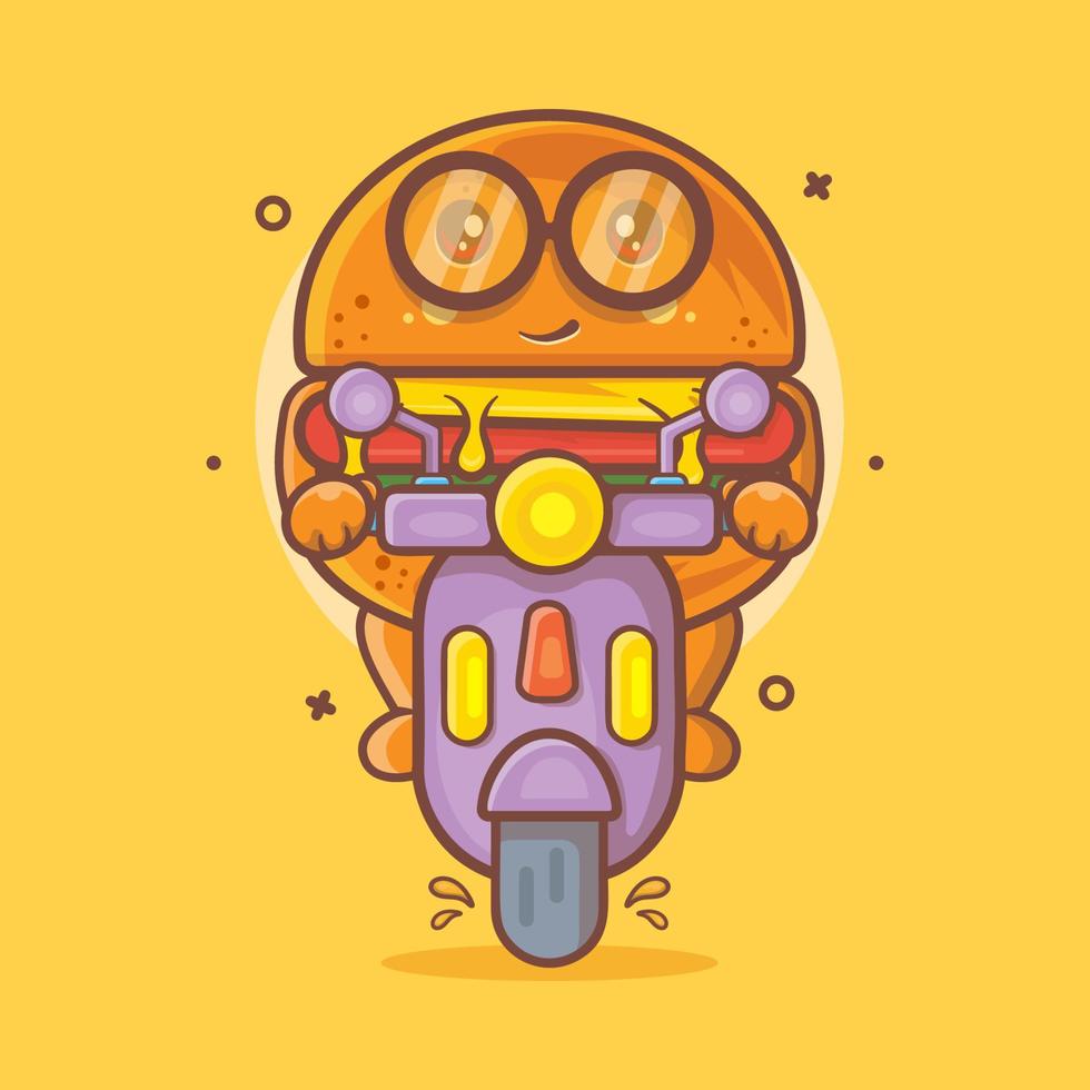 koel Hamburger voedsel karakter mascotte rijden scooter motorfiets geïsoleerd tekenfilm in vlak stijl ontwerp vector