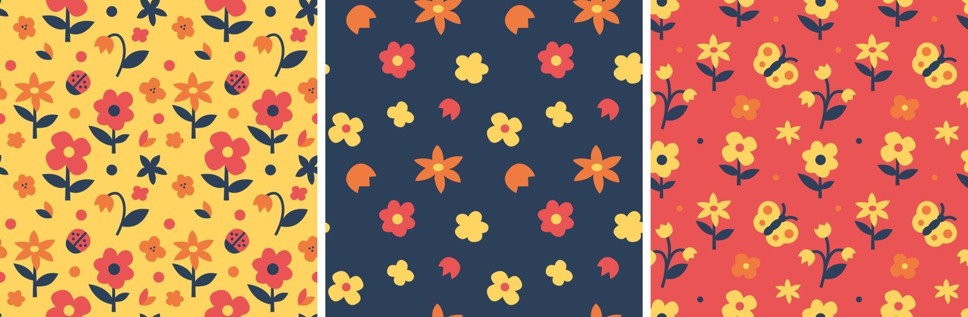 abstract naadloos patroon met bloemen, lieveheersbeestje en vlinder vector