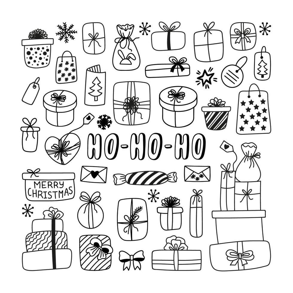 vrolijk Kerstmis reeks van cliparts met een geschenk doos en pakketjes. hand- getrokken vector doodles